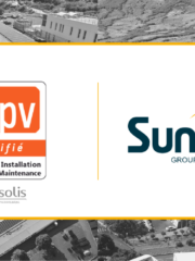 Logo AQPV et logo Sunzil avec fond des photos de centrale photovoltaïque