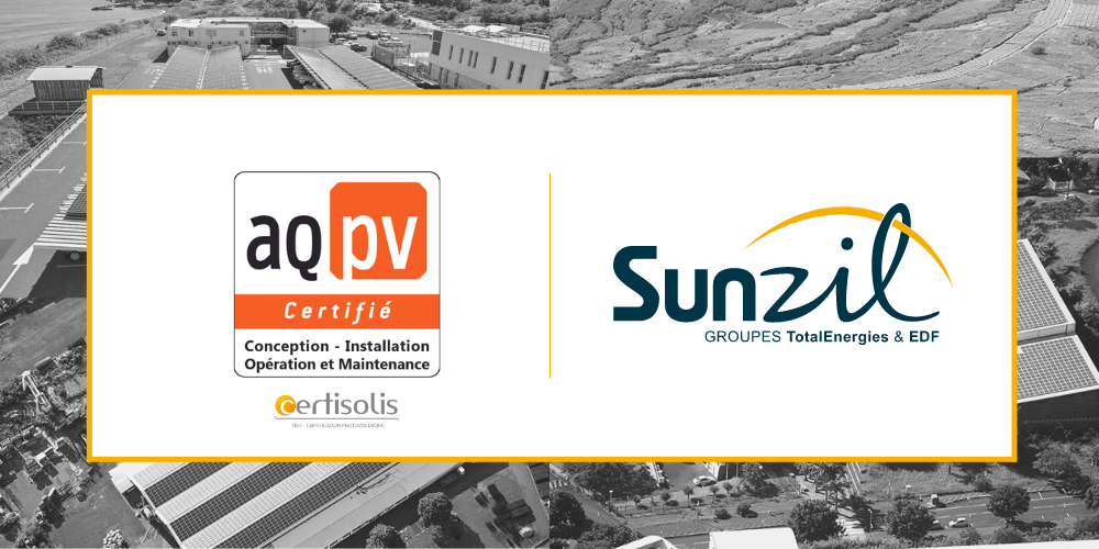 Logo AQPV et logo Sunzil avec fond des photos de centrale photovoltaïque